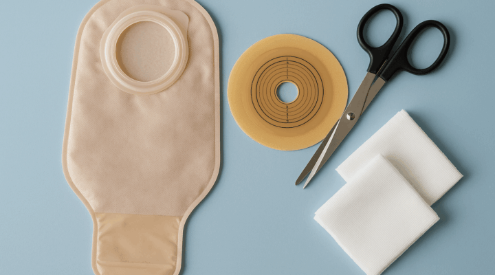 Material de ostomía: bolsa, placa, tijeras y gasas para cuidados de estoma