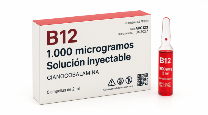 Ampolla y caja de vitamina B12 1000 microgramos inyectable (cianocobalamina) para administración intramuscular a domicilio en Granada